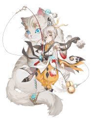 Rule 34 | 1boy, animal, cat, cat-ear noodles (food fantasy), feathers, food fantasy, full body, hair bun, highres, looking at viewer, male focus, official art, oversized animal, pale skin, second-party source, silver hair, single hair bun, solo, tang san jiao, trap, whiskers, white background, white feathers, yellow eyes