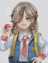 Rule 34 | 1boy, aged down, arven (pokemon), backpack, bag, belt, blue vest, brown hair, collared shirt, commentary request, creatures (company), game freak, grey background, hand on own hip, hand up, highres, holding, holding poke ball, long hair, male focus, mint chocoooo, necktie, nintendo, notice lines, open clothes, open vest, orange necktie, poke ball, poke ball (basic), pokemon, pokemon sv, shirt, solo, upper body, vest, yellow bag