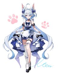Rule 34 | 1girl, :d, ahoge, animal ear fluff, animal ears, apron, black bow, black footwear, blue bow, blue dress, blue eyes, blue flower, blue hair, blue pupils, bow, commentary, dress, drop-shaped pupils, fingerless gloves, flower, full body, furina (genshin impact), genshin impact, gloves, hair bow, heterochromia, highres, huge ahoge, kemonomimi mode, light blue hair, long hair, looking at viewer, monini, moon print, open mouth, paw print, paw print background, rabbit ears, signature, simple background, single thighhigh, skirt, skirt hold, smile, solo, star (symbol), star print, symbol-shaped pupils, teeth, thigh bow, thigh strap, thighhighs, thighs, very long hair, white apron, white background, white gloves, white hair, white thighhighs
