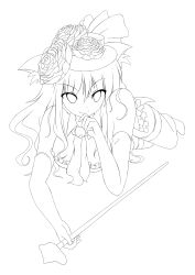 Rule 34 | absurdres, animal ears, bare shoulders, beatmania, beatmania iidx, cane, elbow gloves, flower, frills, gloves, greyscale, hand on own chin, hat, highres, lineart, lying, monochrome, necktie, rose, sirius (beatmania), solo, thighhighs, wahrheit 9