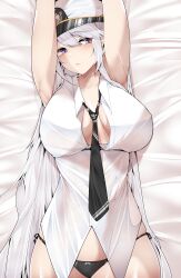 Rule 34 | 1girl, absurdres, arms up, azur lane, bed sheet, black bra, black necktie, black panties, bra, bra visible through clothes, breasts, breasts apart, cleavage, closed mouth, enterprise (azur lane), from above, hat, highres, large breasts, long hair, lying, necktie, panties, purple eyes, samip, shirt, solo, underwear, very long hair, white hair, white hat, white shirt, white theme