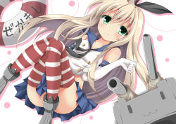 Rule 34 | 10s, 1girl, blonde hair, convenient leg, crop top, elbow gloves, gloves, hairband, innertube, kantai collection, long hair, looking at viewer, ma-yu, personification, rensouhou-chan, shimakaze (kancolle), striped clothes, striped thighhighs, swim ring, thighhighs, white gloves