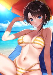 Rule 34 | 1girl, :p, absurdres, beach, bikini, blue eyes, blush, breasts, breasts apart, brown hair, collarbone, fingernails, halterneck, highres, hololive, looking at viewer, medium breasts, nail polish, navel, oozora halu, oozora subaru, oozora subaru (hololive summer 2019), outdoors, parasol, short hair, smile, solo, striped bikini, striped clothes, swimsuit, tongue, tongue out, umbrella, virtual youtuber