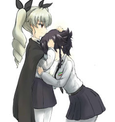 Rule 34 | 10s, 2girls, anchovy (girls und panzer), black bow, black cape, black necktie, black skirt, bow, cape, comforting, crying, days135, drill hair, girls und panzer, green hair, hair bow, head on chest, highres, looking at another, multiple girls, necktie, open mouth, pantyhose, pepperoni (girls und panzer), skirt, teardrop, tears, twintails, white legwear, yellow eyes