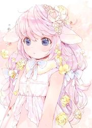 Rule 34 | 1girl, animal ears, blue eyes, blush, bow, bowtie, commentary request, dress, flower, fur collar, hair bow, hair flower, hair ornament, long hair, multiple hair bows, mutou mato, navel, original, parted lips, pink hair, sleeveless, sleeveless dress, solo, upper body