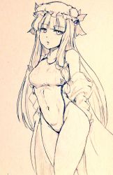Rule 34 | 1girl, alternate costume, bare legs, breasts, commentary request, competition swimsuit, covered navel, cowboy shot, crescent, d-m (dii emu), dress, eyelashes, greyscale, hat, long hair, long sleeves, looking at viewer, medium breasts, mob cap, monochrome, one-piece swimsuit, open mouth, patchouli knowledge, swimsuit, swimsuit under clothes, touhou, traditional media, undressing, very long hair