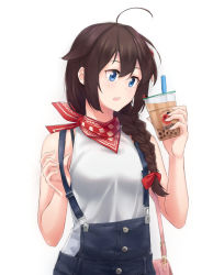 Rule 34 | 1girl, alternate costume, bandana, bare shoulders, blue eyes, blush, braid, brown hair, bubble tea, commentary, english commentary, hair between eyes, hair over shoulder, hair ribbon, kantai collection, open mouth, overalls, red bandana, red ribbon, ribbon, saruno (eyesonly712), shigure (kancolle), shirt, simple background, single braid, sleeveless, sleeveless shirt, solo, suspenders pull, teeth, upper teeth only, white background, white shirt