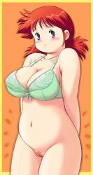 Rule 34 | 1girl, blush, bottomless, bra, breasts, censored, cleavage, cleft of venus, large breasts, plump, purple eyes, pussy, red hair, solo, tagme, tanuki gakuen, underwear