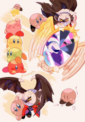 Rule 34 | :d, ^ ^, arm up, armor, armored boots, artist name, black cape, black wings, blue eyes, blush, blush stickers, boots, broken mirror, cape, carrying, closed eyes, closed mouth, commentary request, cracked mask, dark meta knight, dimension mirror, flying, glass shards, gloves, highres, kirby, kirby (series), looking down, mask, meta knight, mirror, nintendo, one eye closed, open mouth, pauldrons, red footwear, riding, shadow kirby, shoulder armor, simple background, smile, spiked wings, spikes, stack, star (symbol), tokuura, torn cape, torn clothes, torn wings, twitter username, v-shaped eyebrows, warp star, waving, white background, white gloves, wings, yellow background, yellow eyes