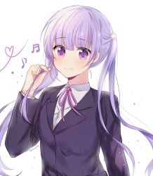 Rule 34 | 1girl, arm at side, bad id, bad pixiv id, beamed quavers, blush, business suit, closed mouth, collared shirt, dorook, formal, hand up, heart, heart of string, long hair, musical note, new game!, purple eyes, purple hair, quaver, ruffling hair, shirt, sidelocks, simple background, smile, solo, suit, suzukaze aoba, twintails, twitter username, upper body, very long hair, white background, white shirt