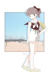 Rule 34 | 1girl, absurdres, ball, beach, beachball, blue sky, blunt bangs, border, breasts, brown hair, day, ferris wheel, full body, highres, holding, holding ball, holding beachball, medium hair, noeru (noellemonade), original, parted lips, photo background, ponytail, roller coaster, sailor collar, sand, shorts, sky, sleeveless, small breasts, solo, walking, white border, yellow footwear