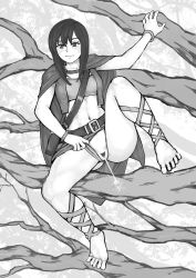 Rule 34 | 1girl, absurdres, arm up, barefoot, belt, blush, bracelet, breasts, cape, closed mouth, clothing aside, collarbone, dodomesu, feet, female focus, female pubic hair, full body, greyscale, highres, jewelry, leg up, long hair, midriff, miniskirt, monochrome, navel, original, outdoors, panties, panties aside, peeing, pubic hair, pussy, skirt, small breasts, solo, spread legs, strapless, sweat, tree, tube top, uncensored, underwear, vest