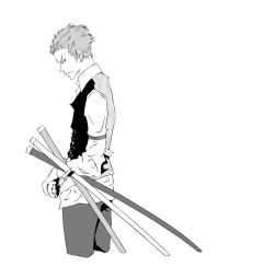 Rule 34 | 1boy, earrings, formal, jewelry, looking at viewer, male focus, monochrome, one piece, profile, roronoa zoro, sheath, sheathed, simple background, sleeve garter, solo, waistcoat, white background