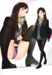 Rule 34 | 1girl, absurdres, ama mitsuki, bag, black footwear, black jacket, blush, bow, bow panties, breasts, brown eyes, brown hair, brown pantyhose, closed mouth, clothes pull, collared shirt, dress shirt, highres, jacket, legs, loafers, long hair, long sleeves, multiple views, non-web source, original, page number, panties, panty pull, pantyhose, pantyhose pull, scan, scarf, school bag, school uniform, shirt, shoes, shoulder bag, simple background, sleeves past wrists, squatting, striped clothes, striped panties, underwear, vertical-striped clothes, vertical-striped panties, white background, white shirt