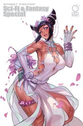 Rule 34 | 1girl, biceps, breasts, capcom, cleavage, cleavage cutout, clothing cutout, dress, elbow gloves, fingerless gloves, flower, gloves, han juri, lipstick, makeup, muscular, muscular female, purple eyes, sideboob, street fighter, thick thighs, thighs, twintails, wedding dress