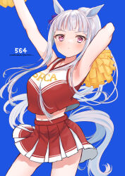 Rule 34 | 1girl, animal ears, arm behind head, armpits, arms up, bare arms, bare shoulders, blue background, blush, bow, breasts, cheerleader, closed mouth, commentary request, crop top, ear bow, gold ship (umamusume), grey hair, hair between breasts, highres, horse ears, horse girl, horse tail, long hair, masshirokachi, medium breasts, midriff, navel, number pun, pleated skirt, ponytail, purple bow, red eyes, red skirt, red tank top, simple background, skirt, solo, tail, tank top, twitter username, umamusume, very long hair