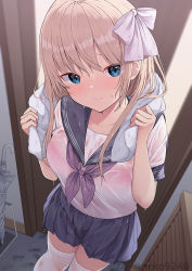 Rule 34 | 1girl, artist name, blonde hair, blue eyes, blue sailor collar, blue skirt, blurry, blurry background, blush, bra, bra visible through clothes, breasts, closed mouth, collarbone, commentary request, drying, hair ribbon, holding, holding towel, indoors, long hair, looking at viewer, looking up, moe2022, neckerchief, nekokobushi, original, pink bra, pleated skirt, purple neckerchief, ribbon, sailor collar, school uniform, see-through, serafuku, shirt, skirt, solo, thighhighs, towel, twitter username, umbrella, underwear, water drop, wet, wet clothes, wet hair, wet legwear, wet shirt, wet skirt, white ribbon, white thighhighs