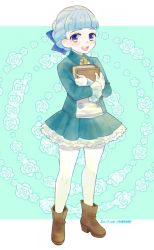 Rule 34 | 1girl, alice elliot, amenoimo, blue eyes, book, boots, bow, braid, buttons, dated, dress, flower, full body, hair bow, jewelry, looking at viewer, open mouth, shadow hearts, short hair, skirt, smile, solo, thighhighs, white hair, white thighhighs