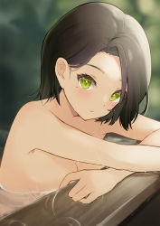 Rule 34 | 1girl, absurdres, bathing, blurry, blurry background, breasts, brown hair, closed mouth, commentary request, green eyes, highres, huge filesize, kodama (koda mat), light blush, looking at viewer, medium breasts, medium hair, mole, mole under eye, nude, onsen, original, partially submerged, upper body, water, wet