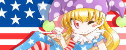 Rule 34 | 1girl, american flag, american flag dress, american flag legwear, american flag shirt, blonde hair, blush stickers, clownpiece, fairy wings, hat, jester cap, long hair, looking at viewer, mizuki hitoshi, neck ruff, one eye closed, pantyhose, red eyes, smile, solo, striped clothes, striped pantyhose, touhou, very long hair, wings