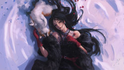 Rule 34 | 1girl, bare shoulders, belt, black dress, black eyes, black hair, closed mouth, dog, dress, earrings, flower, fur scarf, g-tz, gloves, highres, jewelry, lips, long hair, looking at viewer, lying, on back, original, paw print, red gloves, rose, snow, solo