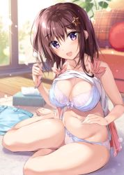 Rule 34 | 1girl, :d, akabei soft 2, bare arms, bare legs, bare shoulders, barefoot, blue shorts, blurry, blush, bosei kanojo 2 -chisei houkai-hen-, bra, bracelet, breasts, brown hair, cleavage, clothes lift, collarbone, commentary request, day, depth of field, groin, hair between eyes, hair ornament, hand up, indoors, jewelry, lap pillow invitation, large breasts, long hair, looking at viewer, navel, official art, one side up, open mouth, oryo (oryo04), panties, pillow, purple eyes, sakurai iyo, shirt, shirt lift, short shorts, shorts, unworn shorts, sidelocks, sitting, sleeveless, sleeveless shirt, smile, solo, star (symbol), star hair ornament, stomach, sunlight, thighs, tissue box, underwear, white bra, white panties, white shirt, yokozuwari