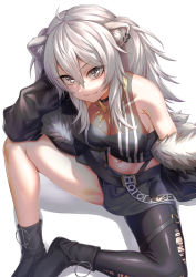 Rule 34 | 1girl, :3, ahoge, animal ear fluff, animal ears, black footwear, black jacket, black pantyhose, black shirt, boots, breasts, cleavage, closed mouth, crop top, ear piercing, eyelashes, full body, fur-trimmed jacket, fur trim, grey skirt, groin tendon, hair between eyes, hand on own cheek, hand on own face, highres, hololive, jacket, jewelry, large breasts, lion ears, lion girl, long hair, looking at viewer, microskirt, midriff, navel, necklace, nisui noki, o-ring, o-ring thigh strap, off shoulder, pantyhose, partially unzipped, piercing, see-through, see-through cleavage, shadow, shirt, shishiro botan, shishiro botan (1st costume), sidelocks, silver hair, single leg pantyhose, sitting, skin tight, skirt, sleeveless, sleeveless shirt, smile, solo, sturmpanzer iv brummbar, thigh strap, torn clothes, torn pantyhose, two side up, v-shaped eyebrows, virtual youtuber, white background, zipper skirt