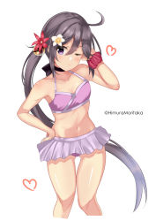 Rule 34 | 1girl, absurdres, akebono (kancolle), akebono kai ni (kancolle), bell, bikini, bikini skirt, commentary request, cowboy shot, flat chest, flower, gluteal fold, hair bell, hair flower, hair ornament, highres, himura moritaka, jingle bell, kantai collection, long hair, one-hour drawing challenge, one eye closed, pink bikini, purple eyes, purple hair, side ponytail, simple background, solo, standing, swimsuit, very long hair, white background