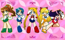 Rule 34 | 5girls, :d, ;d, ahoge, aino minako, arm up, bishoujo senshi sailor moon, black hair, blonde hair, blue dress, blue eyes, blue footwear, blue hair, blue sailor collar, blue skirt, boots, bow, brown hair, chibi, choker, clenched hands, double bun, dress, earrings, elbow gloves, full body, gloves, green dress, green eyes, green footwear, green skirt, hair bobbles, hair bow, hair ornament, half updo, hand on own hip, highres, hino rei, inner senshi, jewelry, kino makoto, knee boots, long hair, magical girl, md5 mismatch, mizuno ami, multiple girls, ofuda, one eye closed, open mouth, orange dress, orange skirt, panty &amp; stocking with garterbelt, parody, pink background, pink bow, pointing, ponytail, purple eyes, red bow, red dress, red skirt, ribbon, sailor collar, sailor jupiter, sailor mars, sailor mercury, sailor moon, sailor senshi, sailor venus, shoes, short hair, skirt, smile, standing, standing on one leg, style parody, tagro, tiara, tsukino usagi, twintails, v, white gloves, wink