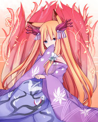 Rule 34 | 1girl, a-iueo, animal ears, bare shoulders, blonde hair, blue eyes, blush, covering own mouth, fire, floral print, flower, fox ears, fox tail, green ribbon, hair ornament, hair stick, highres, holding, holding clothes, japanese clothes, kimono, long hair, looking away, mitsuki (p&amp;d), multiple tails, off shoulder, puzzle &amp; dragons, ribbon, solo, tail, very long hair