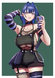 Rule 34 | 1girl, absurdres, arm up, armlet, armpits, asymmetrical legwear, bare shoulders, black nails, black overalls, blue eyes, blue hair, border, breasts, chain, choker, cleavage, ear piercing, earrings, elbow sleeve, erasorpepero, fishnet top, fishnets, garter straps, green background, hair behind ear, hair intakes, highres, holding, holding phone, hololive, hololive english, huge breasts, jewelry, lip piercing, looking at viewer, ouro kronii, overalls, phone, piercing, solo, thighhighs, underboob, virtual youtuber, white border