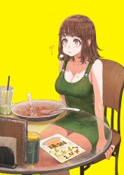 Rule 34 | 1girl, bare arms, bare legs, bare shoulders, breasts, brown hair, chair, cleavage, collarbone, cup, dress, drinking glass, drinking straw, food, food on face, fork, green dress, highres, jun (navigavi), large breasts, long hair, original, plate, purple eyes, round table, simple background, sitting, sleeveless, sleeveless dress, solo, spoon, table, yellow background