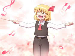 Rule 34 | 1girl, ascot, blonde hair, blush stickers, closed eyes, fang, musical note, open mouth, outstretched arms, pants, rumia, shirosato, short hair, smile, solo, touhou