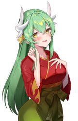 Rule 34 | 1girl, bad id, bad twitter id, blush, breasts, dragon girl, dragon horns, fate/grand order, fate (series), felnemo, flame print, green hair, green hakama, hakama, highres, horns, japanese clothes, kimono, kiyohime (fate), long hair, long sleeves, looking at viewer, mash kyrielight, mash kyrielight (enma-tei uniform), medium breasts, multiple horns, open mouth, red kimono, smile, solo, thighs, wide sleeves, yellow eyes