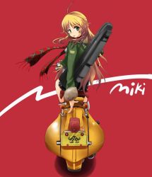 Rule 34 | 1girl, blonde hair, green eyes, guitar case, hoshii miki, idolmaster, idolmaster (classic), instrument case, long hair, looking back, motor vehicle, motorcycle, scarf, scooter, solo, tongue, vehicle, yamaque