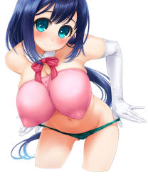 Rule 34 | 1girl, blue eyes, blue hair, blush, bow, breasts, cameltoe, character request, cleavage, copyright request, covered erect nipples, elbow gloves, female focus, gloves, highres, impossible clothes, large areolae, large breasts, leaning forward, long hair, matching hair/eyes, navel, no bra, panties, panty pull, pussy, pussy peek, smile, solo, takanashi, underwear, wedgie