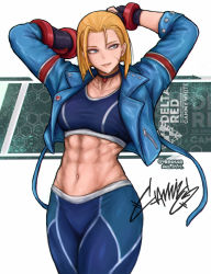 Rule 34 | 1girl, abs, arms up, artist name, blonde hair, blue eyes, blue jacket, blue pants, blue tank top, breasts, cammy white, choker, collarbone, dated, facial scar, female focus, fingerless gloves, gloves, hershuar, jacket, looking to the side, midriff, muscular, muscular female, navel, pants, scar, scar on cheek, scar on face, short hair, signature, smile, solo, standing, street fighter, street fighter 6, tank top, upper body, watermark, white background