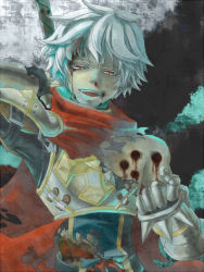 Rule 34 | 1boy, abstract background, armor, azumi on, bio lab, blood, blood from mouth, blood on clothes, blood on face, breastplate, broken armor, bruise, bullet hole, commentary request, cross, cuts, gauntlets, holding, holding sword, holding weapon, injury, looking at viewer, lord knight (ragnarok online), male focus, nosebleed, open mouth, pauldrons, pointing, pointing at self, ragnarok online, red eyes, red scarf, scarf, seyren windsor, short hair, shoulder armor, slit pupils, smile, solo, spiked gauntlets, sword, tabard, teeth, torn clothes, torn scarf, upper body, upper teeth only, weapon, white hair