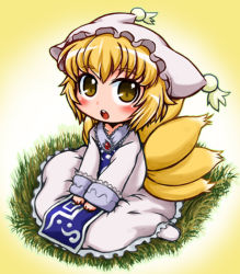 Rule 34 | 1girl, blonde hair, blush, chibi, dress, female focus, fox tail, full body, gradient background, grass, hat, hat with ears, multiple tails, open mouth, plant, short hair, sitting, solo, tabard, tachikawa, tail, touhou, v arms, white background, white dress, yakumo ran, yellow eyes