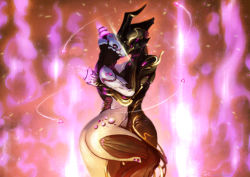 Rule 34 | 2girls, amrrr, ass, black bodysuit, black horns, bodysuit, commentary, ember (warframe), energy, feet out of frame, from side, glowing, hand up, hands up, heart, height difference, helmet, horns, hug, kiss, looking at another, multicolored bodysuit, multicolored clothes, multiple girls, nova (warframe), science fiction, skin tight, standing, thick thighs, thighs, warframe, white bodysuit, white helmet, yuri