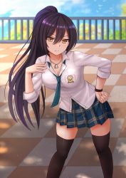 Rule 34 | 1girl, black hair, black thighhighs, blue sky, blurry, blurry background, breasts, checkered floor, cleavage, cloud, commentary, day, depth of field, dog tags, eyes visible through hair, hair between eyes, hand on own hip, highres, idolmaster, idolmaster shiny colors, kazenokaze, large breasts, leaning forward, legs apart, long hair, looking at viewer, necktie, pleated skirt, ponytail, railing, school uniform, shirase sakuya, shirt, skirt, sky, smile, solo, thighhighs, very long hair, white shirt, wristband, yellow eyes