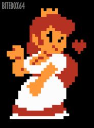 Rule 34 | 1girl, artist name, bitebox64, black background, black eyes, blank eyes, blowing kiss, breasts, cleavage, closed mouth, crown, dress, eyelashes, hand on lap, hand up, heart, lips, long dress, long hair, mario (series), medium breasts, nintendo, one eye closed, open hand, pixel art, princess, princess peach, puffy short sleeves, puffy sleeves, red hair, short sleeves, simple background, solo, standing, super mario bros. 1, white dress