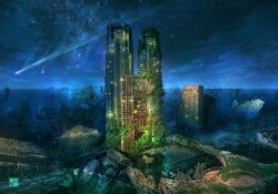 Rule 34 | absurdres, artist name, black sky, building, commentary request, highres, horizon, meteor, night, night sky, no humans, original, outdoors, overgrown, post-apocalypse, real world location, ruins, scenery, shinjuku (tokyo), sky, skyscraper, star (sky), starry sky, tokyo (city), tokyo city hall, tokyogenso