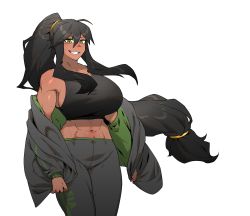Rule 34 | 1girl, bare shoulders, black hair, breasts, commentary request, commission, commissioner upload, crop top, dark-skinned female, dark skin, green eyes, grin, highres, jacket, unworn jacket, large breasts, long hair, midriff, navel, open mouth, original, pants, pinkboy, ponytail, shiny skin, sidelocks, simple background, sleeveless, smile, solo, sweat, teeth, toned, white background