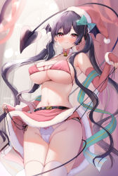 Rule 34 | 1girl, :3, :q, armpits, ayuma sayu, bare shoulders, bell, belt, bikini, bikini top only, black hair, bow, bowtie, breasts, choker, christmas, cleavage, closed mouth, cowboy shot, demon girl, demon tail, elbow gloves, fingerless gloves, fur-trimmed skirt, fur trim, gloves, green ribbon, hair bow, halterneck, hat, head wings, large breasts, lingerie, long hair, looking at viewer, miniskirt, naughty face, navel, original, panties, pink bikini, pink gloves, pink skirt, red eyes, red hat, ribbon, santa hat, side-tie panties, skirt, smile, solo, stomach, strap pull, string bikini, string panties, swimsuit, tail, thighhighs, thighs, tongue, tongue out, twintails, underwear, untied panties, untying, very long hair, wavy hair, white choker, white panties, white thighhighs, wings