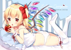 Rule 34 | 1girl, alternate costume, apple, ass, bed, bed sheet, blonde hair, blue background, blush, bow, bracelet, bridal garter, character name, collarbone, commentary request, crystal, eating, fang, flandre scarlet, food, frilled thighhighs, frills, fruit, hair between eyes, hair bow, hair ornament, hair ribbon, holding, irori, jewelry, legs, legs up, lingerie, looking at viewer, lying, on bed, on stomach, open mouth, panties, pillow, red eyes, red ribbon, ribbon, side ponytail, simple background, solo, the pose, thighhighs, touhou, underwear, underwear only, white panties, white thighhighs, wings