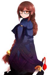 Rule 34 | 1girl, arano oki, black-framed eyewear, black dress, black gloves, blue dress, blush, braid, brown eyes, brown hair, closed mouth, commentary request, dress, ear piercing, elbow gloves, fate/grand order, fate (series), glasses, gloves, holding, holding sword, holding weapon, long hair, piercing, simple background, single braid, solo, strapless, strapless dress, striped clothes, striped dress, sword, v-shaped eyebrows, vertical-striped clothes, vertical-striped dress, very long hair, weapon, white background, yu mei-ren (fate), yu mei-ren (first ascension) (fate)