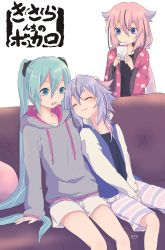 Rule 34 | 1girl, 2others, :3, aqua hair, arm support, between legs, black shirt, blue eyes, blue hair, blue jacket, cellphone, cherry blossom print, closed eyes, commentary, couch, drawstring, expressionless, floral print, grey hoodie, hair tie, hand between legs, hatsune miku, headpat, highres, holding, holding phone, hood, hoodie, jacket, kisalaundry, meika hime, meika mikoto, multiple others, open mouth, phone, pink hair, robe, shirt, short shorts, shorts, signature, sitting, smartphone, smile, standing, striped clothes, striped shorts, translated, twintails, vocaloid, white background, white shorts