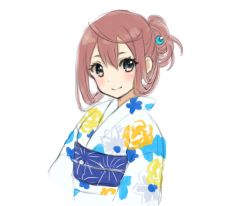 Rule 34 | 1girl, alternate costume, asagumo (kancolle), bad id, bad pixiv id, blush, brown hair, closed mouth, floral print, grey eyes, hair between eyes, hair ornament, hair up, head tilt, japanese clothes, kantai collection, kimono, looking at viewer, nuno (pppompon), obi, print kimono, sash, simple background, smile, solo, upper body, white background, white kimono