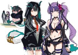 Rule 34 | ..., 1other, 2girls, absurdres, alternate costume, arknights, bare shoulders, barefoot, bikini, black bikini, black coat, black hair, black jacket, blush, blush stickers, bracelet, breasts, cleavage, closed mouth, coat, collarbone, doctor (arknights), dragon girl, dragon horns, dragon tail, dusk (arknights), earrings, expressionless, flower, food, fruit, green hair, hair over one eye, hibiscus, hibiscus (arknights), hibiscus the purifier (arknights), highres, hood, hood up, hooded jacket, horns, hugging own legs, infection monitor (arknights), jacket, jewelry, large breasts, long hair, long sleeves, looking at viewer, mask, multicolored hair, multiple girls, name connection, navel, necktie, object namesake, open clothes, open coat, open jacket, pointy ears, pout, purple eyes, purple hair, red eyes, red necktie, side ponytail, sitting, sketch, speech bubble, spoken ellipsis, streaked hair, swimsuit, tail, tail ornament, tail ring, thigh gap, thigh strap, two-tone hair, very long hair, watermelon, yomosaka